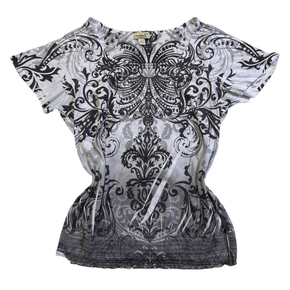 Y2K ONE WORLD women's b&w floral boho whimsygoth top, M.